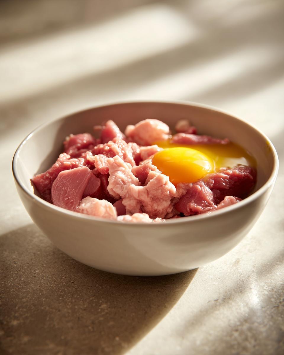 Close-up of a bowl with ingredients for a Raw Protein Cat Meal, including raw meat and an egg yolk.