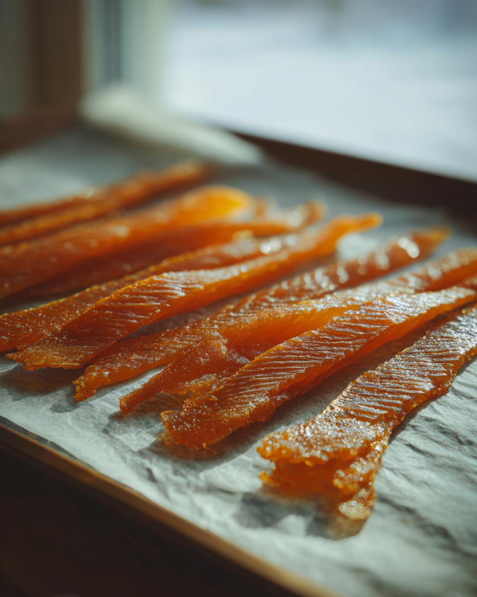 Close-up of dehydrated salmon skin cat treats on parchment paper. These are homemade salmon skin cat treats.