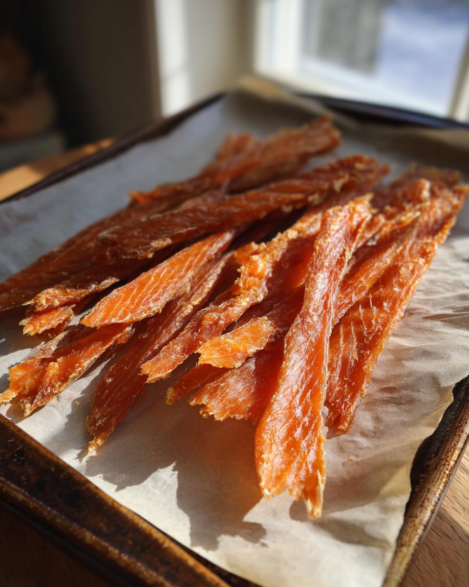 Close-up of dried salmon skin cat treats on a tray. Homemade salmon skin cat treats.