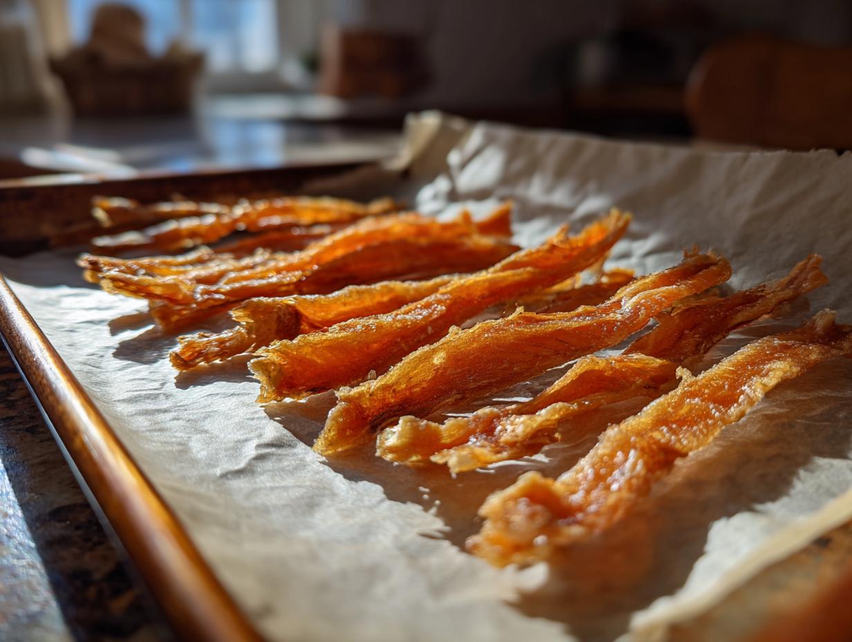 Close-up of crispy Salmon Skin Cat Treats on parchment paper, perfect for your feline friend.
