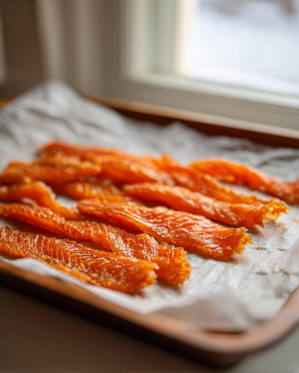 Close-up of dehydrated salmon skin cat treats on parchment paper.