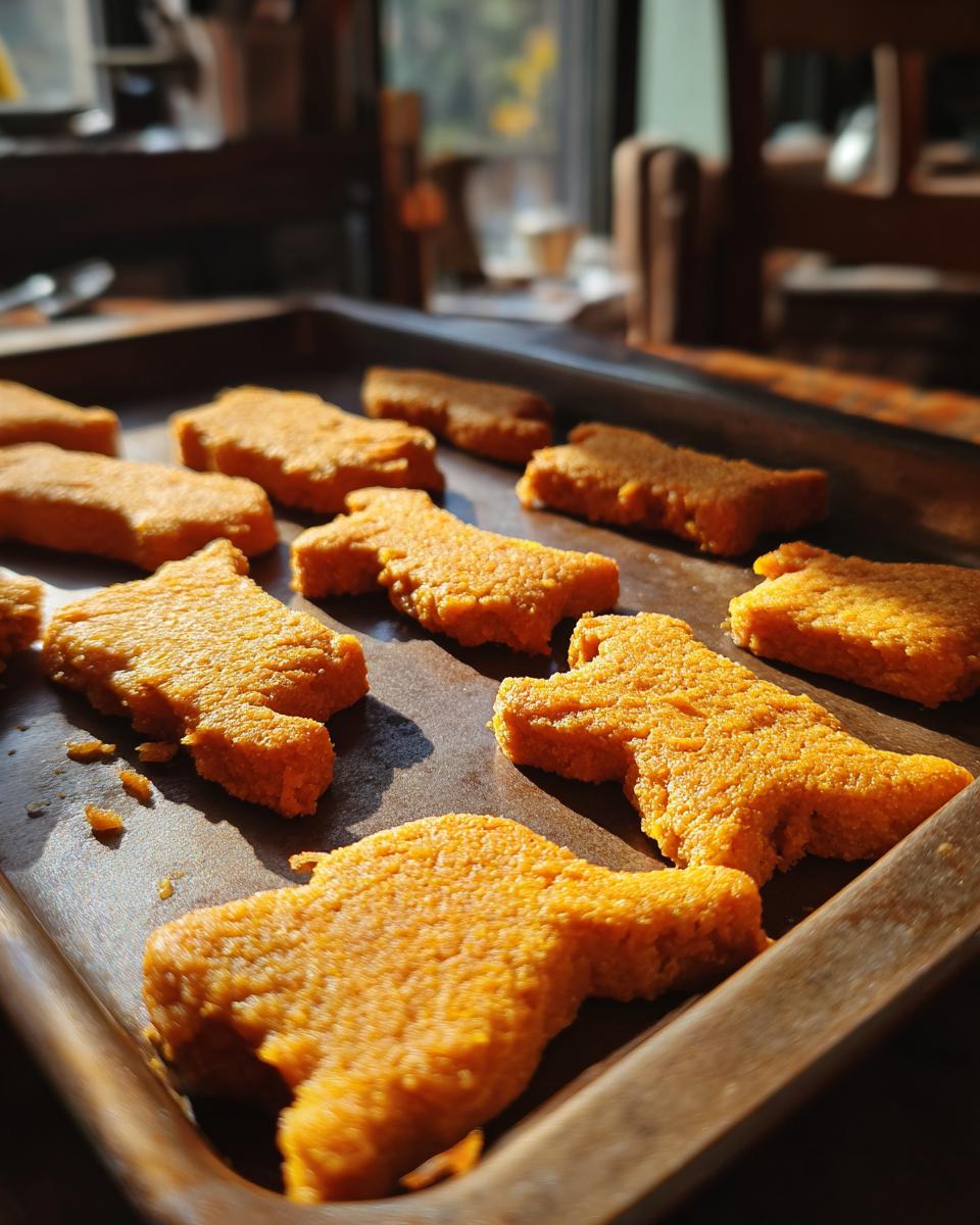 Close-up of baked Salmon & Sweet Potato Cat Treats on a baking sheet.