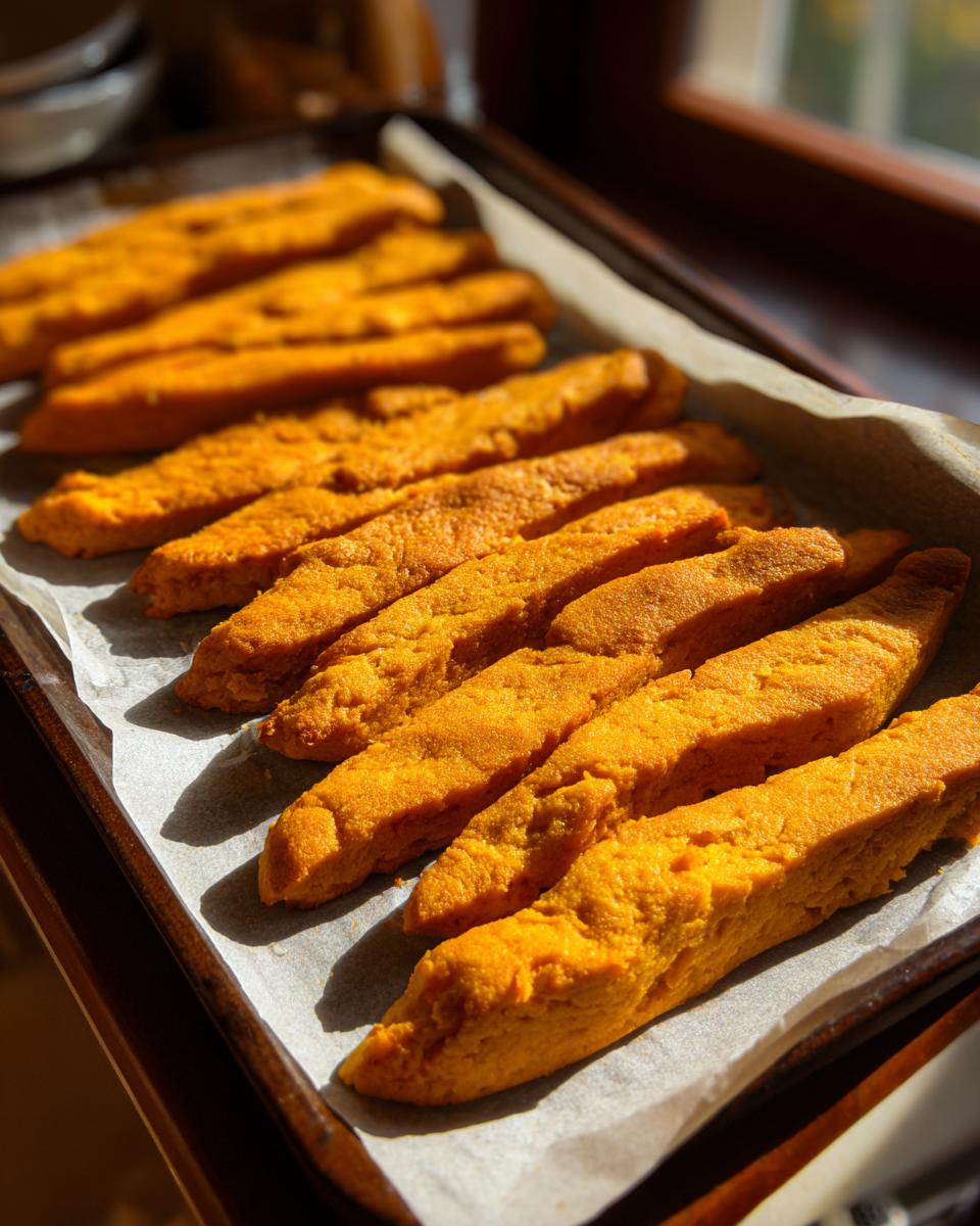 Close-up of baked Salmon & Sweet Potato Cat Treats on a baking sheet, ready to be served.