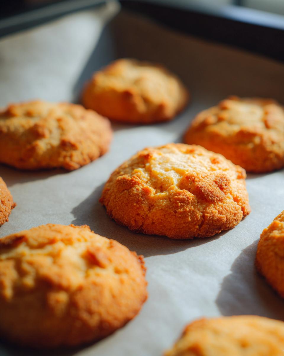 Close-up of freshly baked Salmon & Sweet Potato Cat Treats on a baking sheet.