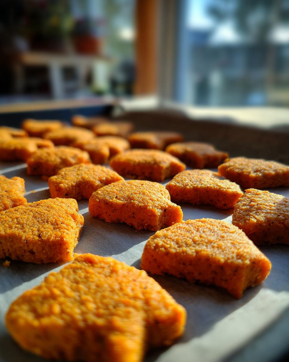 Close-up of freshly baked Salmon & Sweet Potato Cat Treats on a baking sheet.