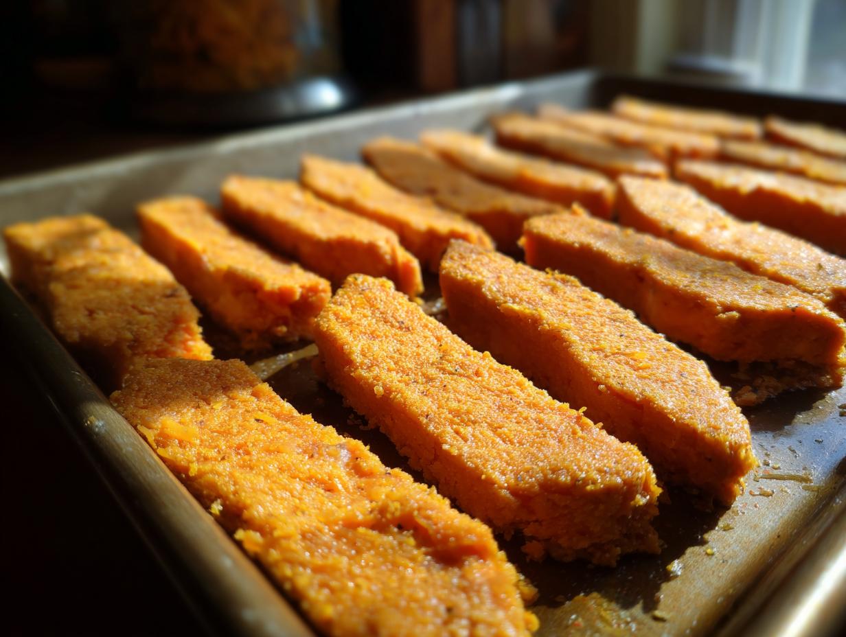 Close-up of baked Salmon & Sweet Potato Cat Treats on a baking sheet.