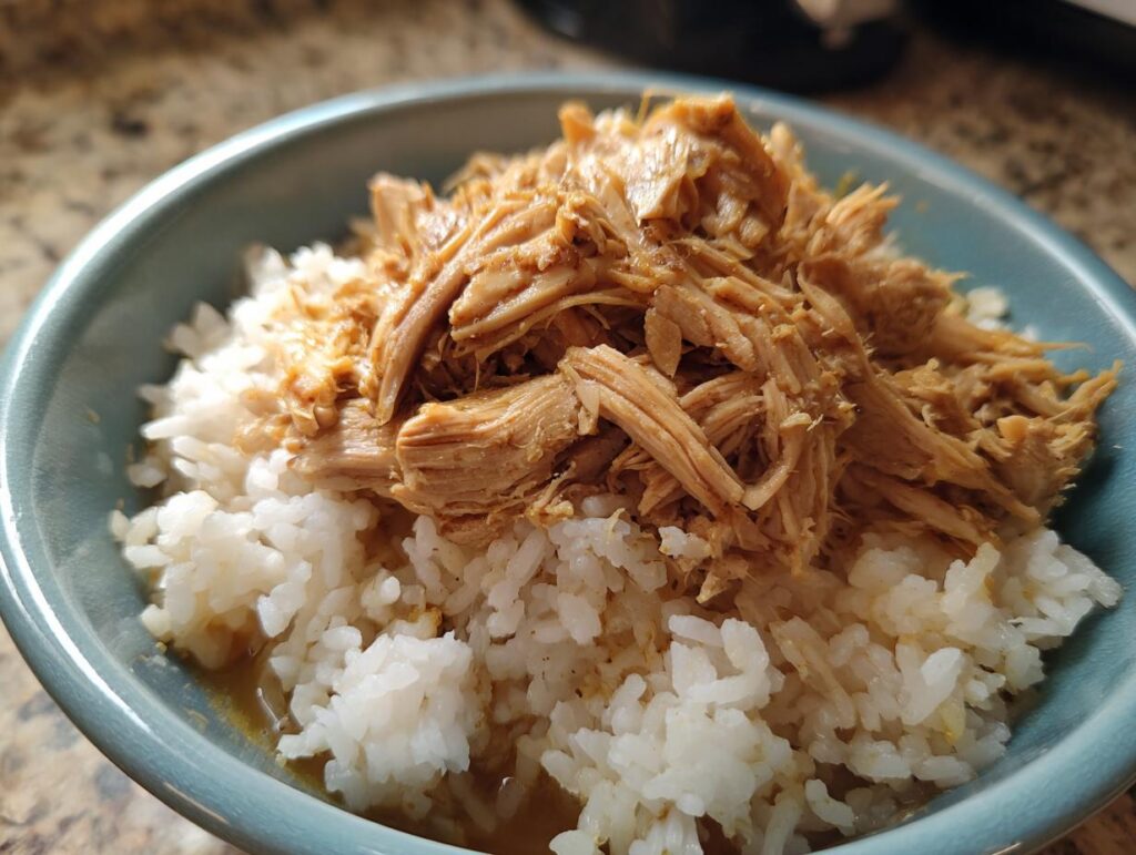 A bowl of homemade Sensitive Stomach Cat Meal, with white rice and shredded meat.
