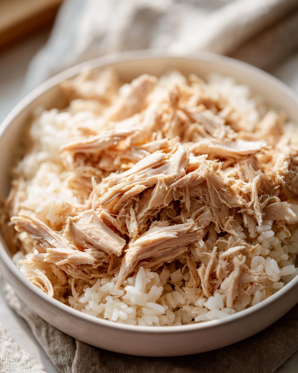 A bowl of homemade Sensitive Stomach Cat Meal with shredded chicken and rice.