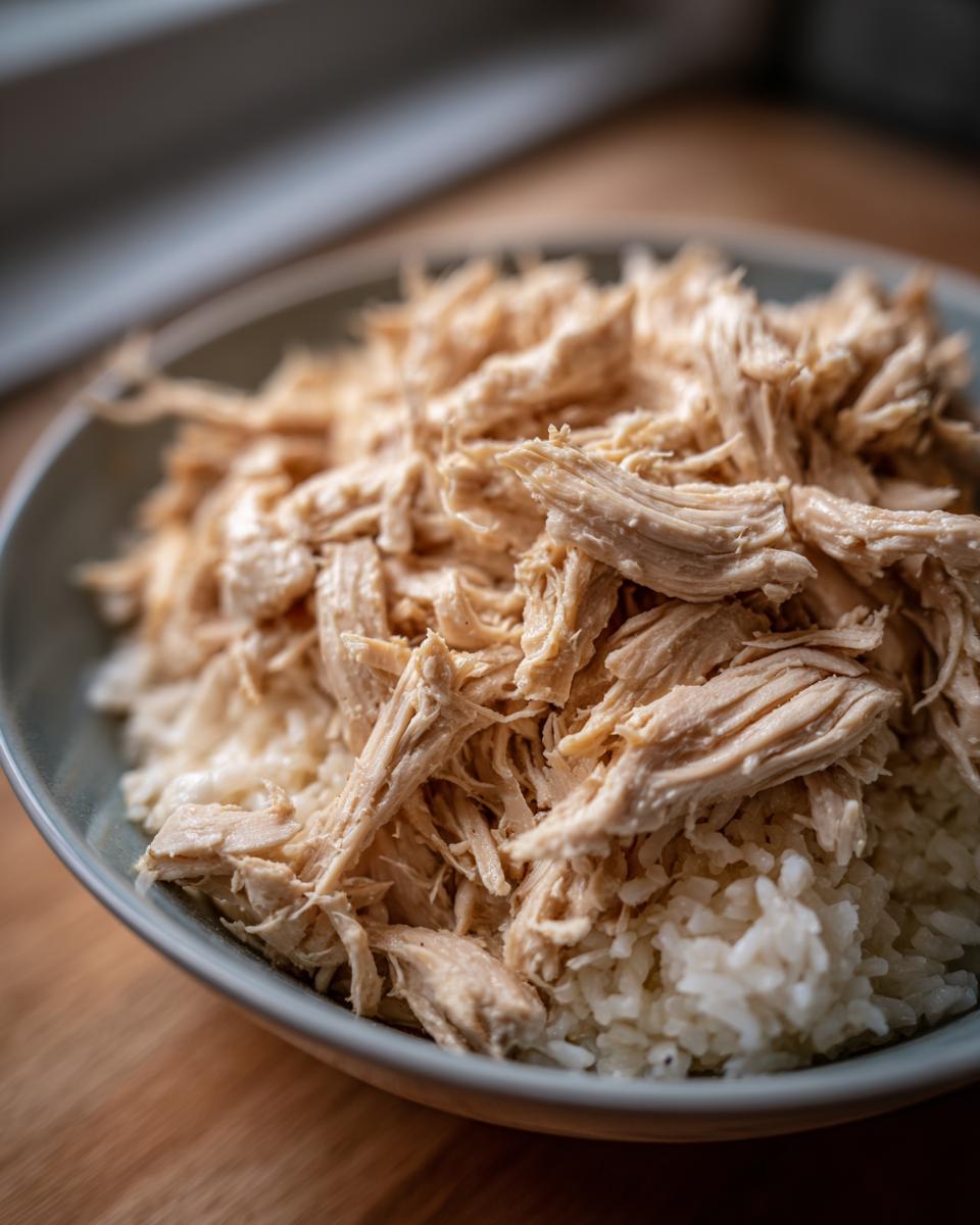 Bowl of cooked chicken and rice, a meal for a cat with a sensitive stomach.