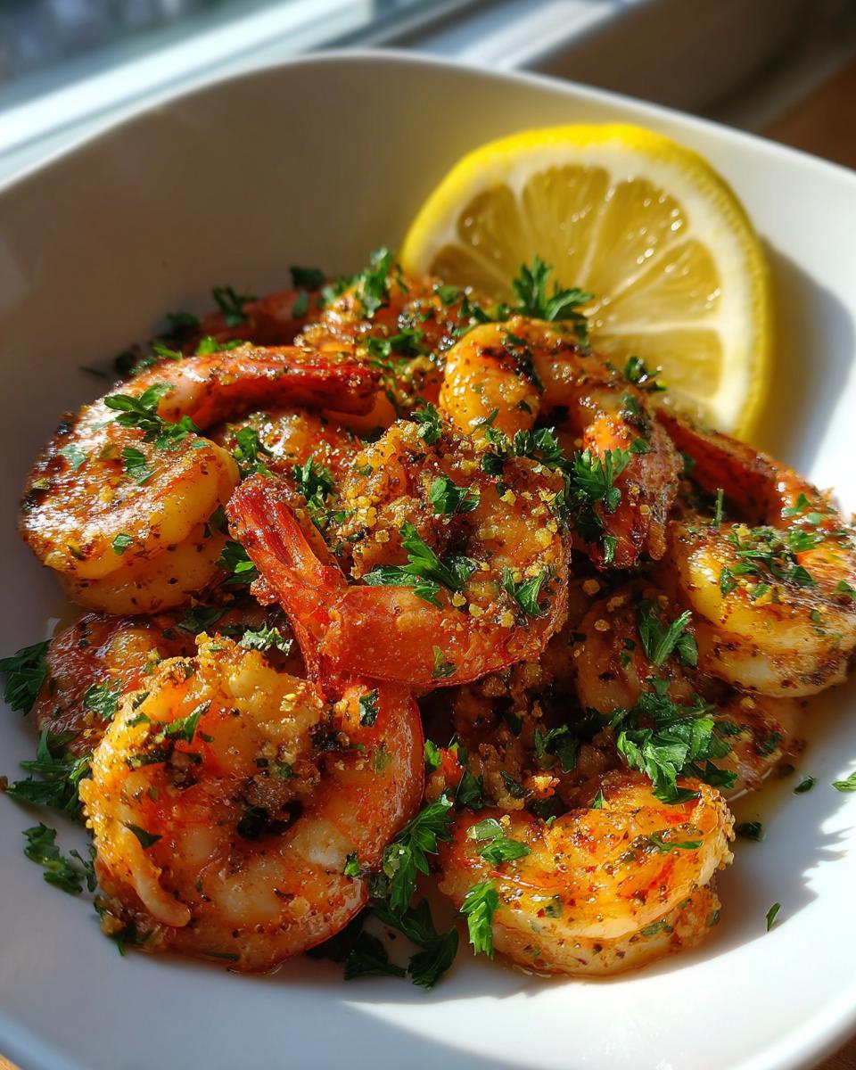 Close-up of a bowl of Shrimp Cat Dinner with lemon wedge and parsley garnish.