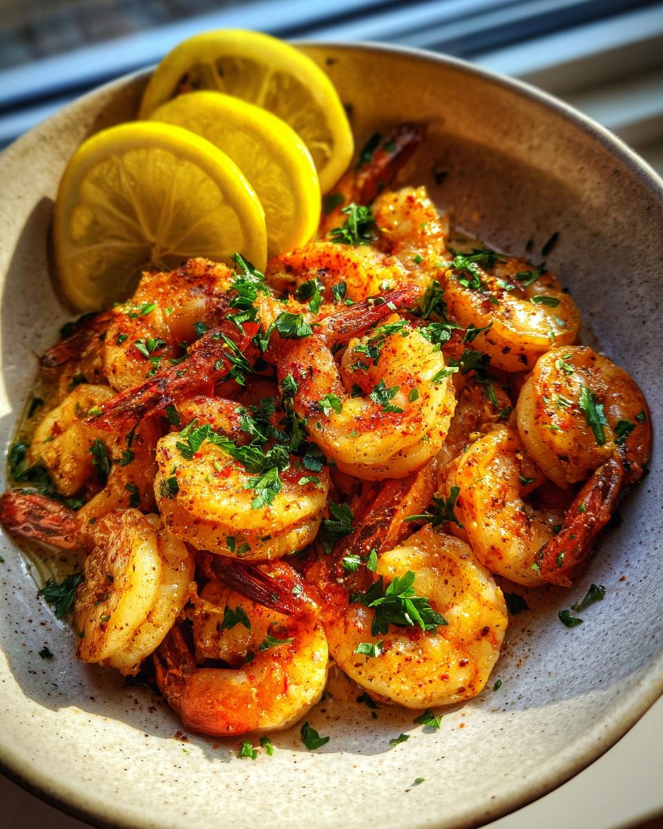 Close-up of a bowl of Shrimp Cat Dinner with lemon slices and fresh herbs.
