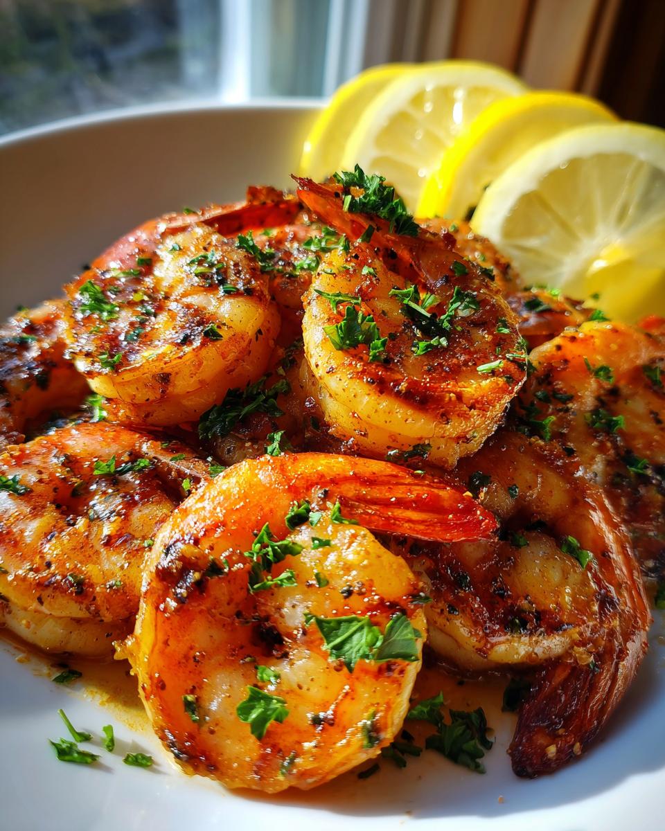 Close-up of cooked Shrimp Cat Dinner with lemon slices and parsley garnish.