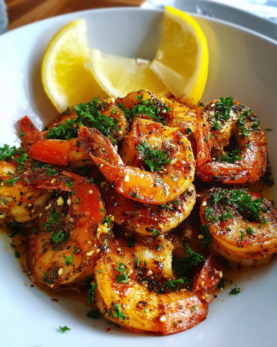 Close-up of a bowl of Shrimp Cat Dinner with lemon wedges and fresh herbs.