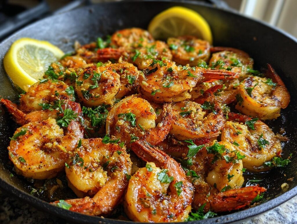Close-up of cooked Shrimp Cat Dinner in a cast iron skillet with lemon wedges and herbs.