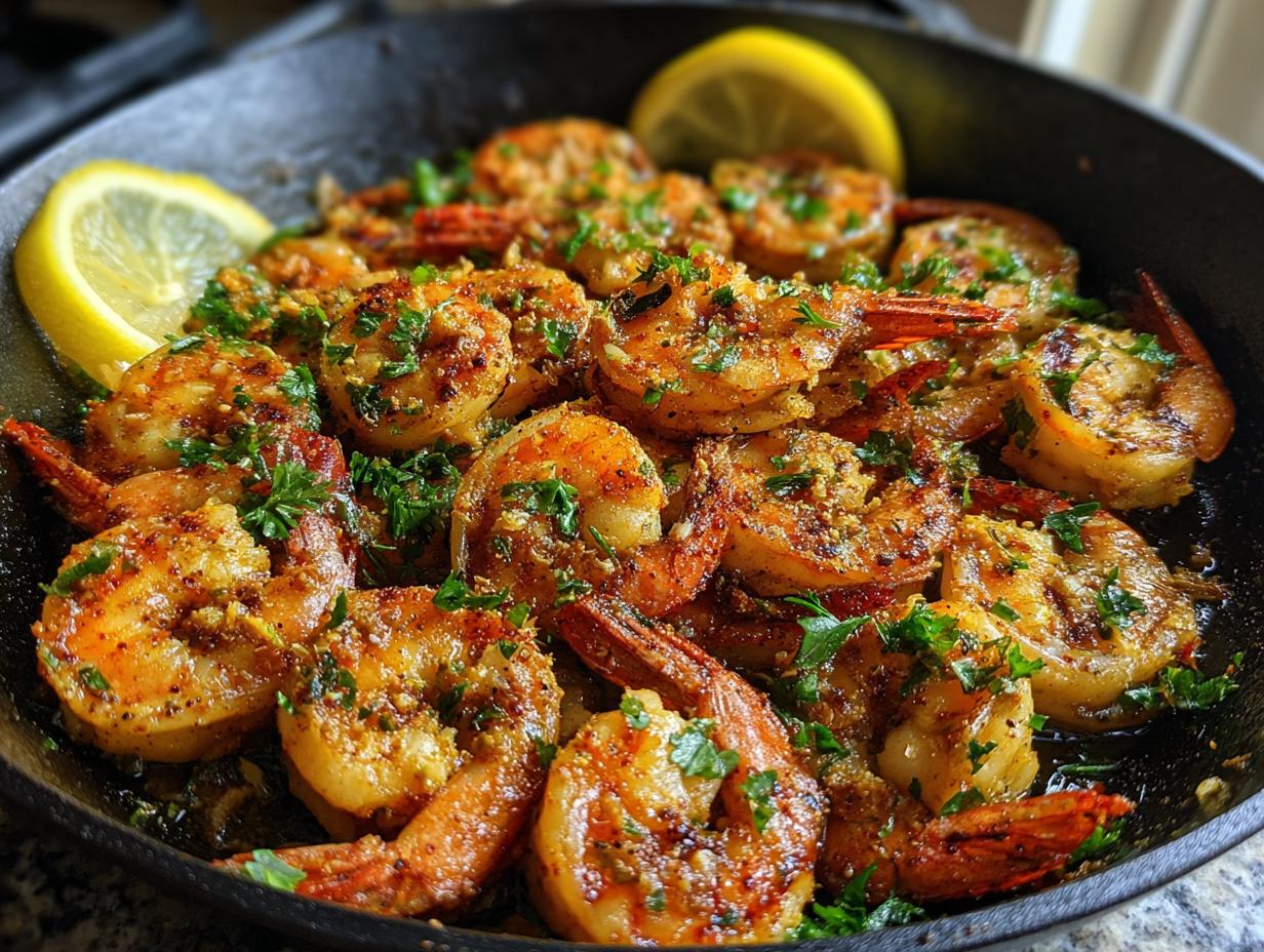 Close-up of cooked Shrimp Cat Dinner in a cast iron skillet with lemon wedges and herbs.