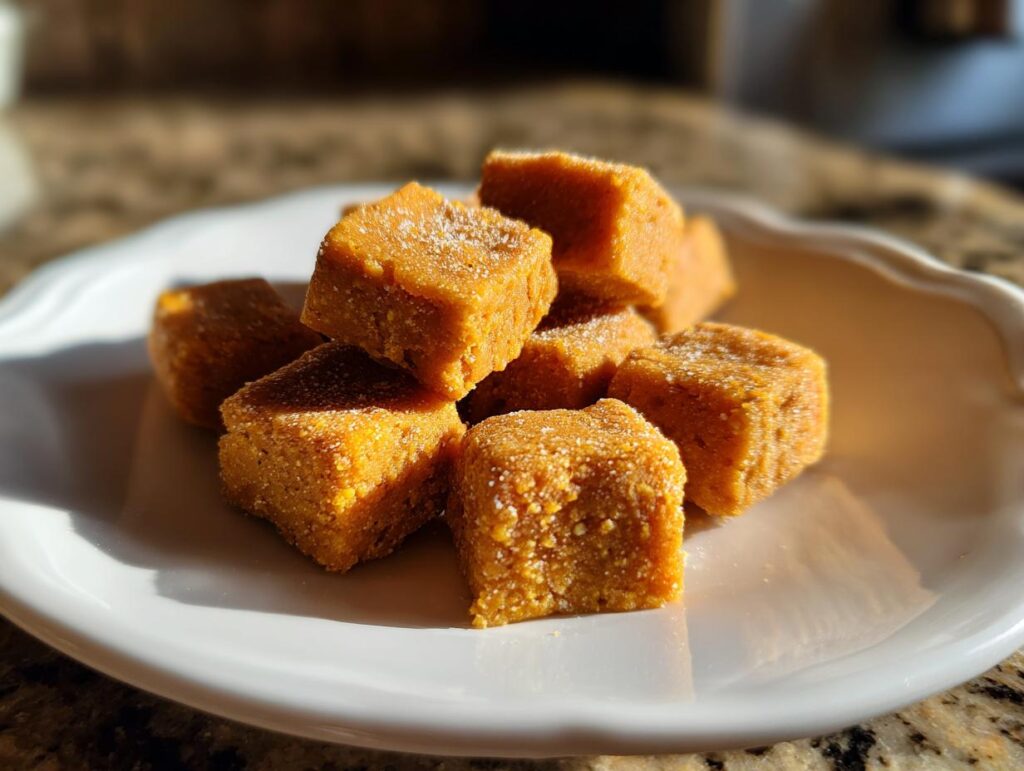Close-up of a pile of Soft Pumpkin Cat Treats on a white plate, perfect for your feline friend.