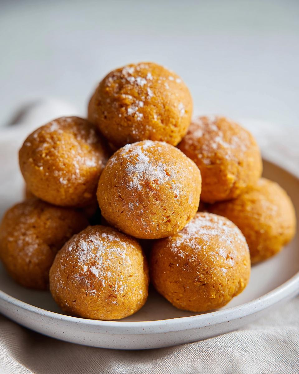 Close-up of a pile of Soft Pumpkin Cat Treats on a plate, dusted with powdered sugar.