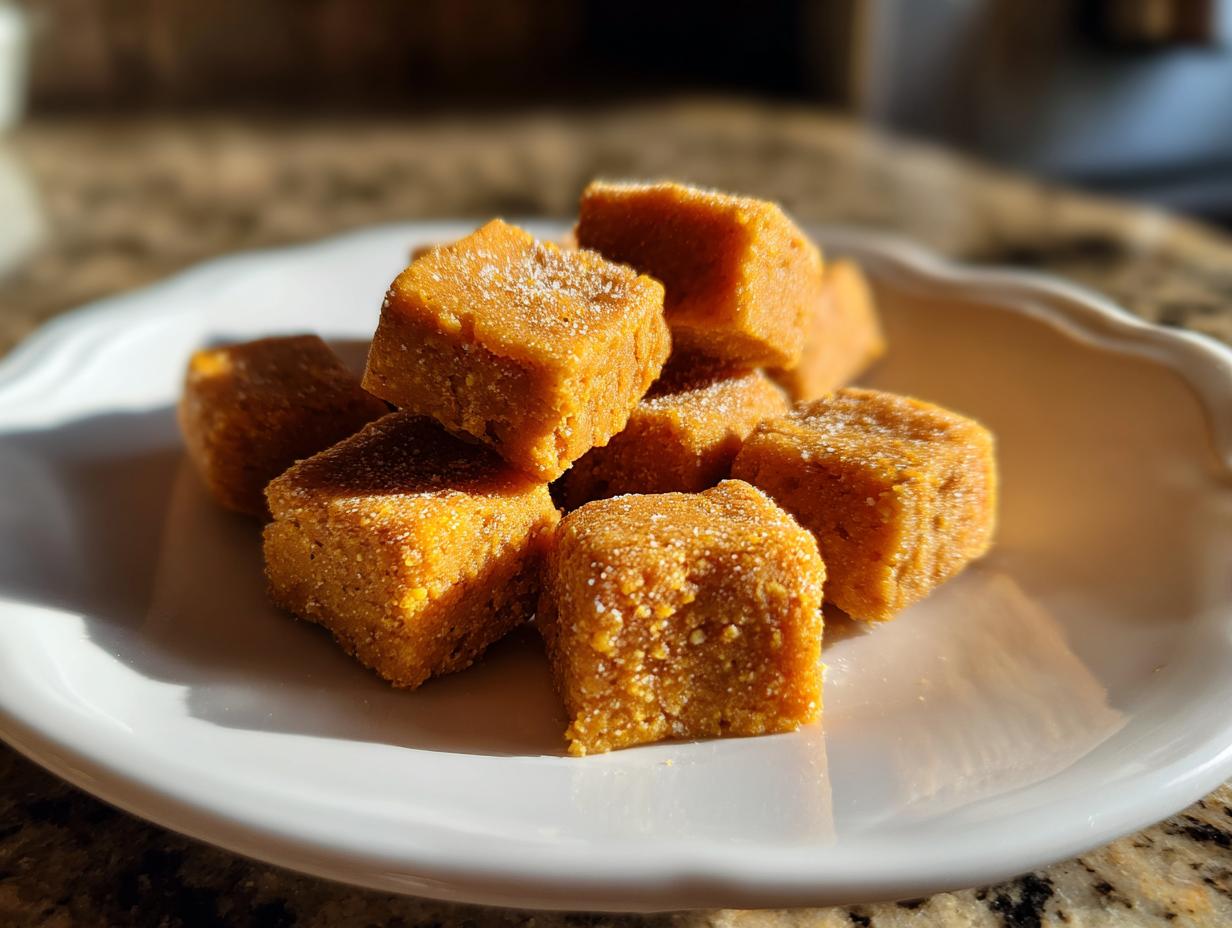 Close-up of a pile of Soft Pumpkin Cat Treats on a white plate, perfect for your feline friend.