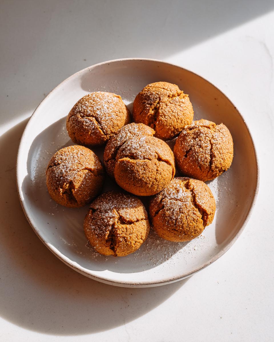Overhead shot of Soft Pumpkin Cat Treats on a white plate, dusted with powdered sugar.
