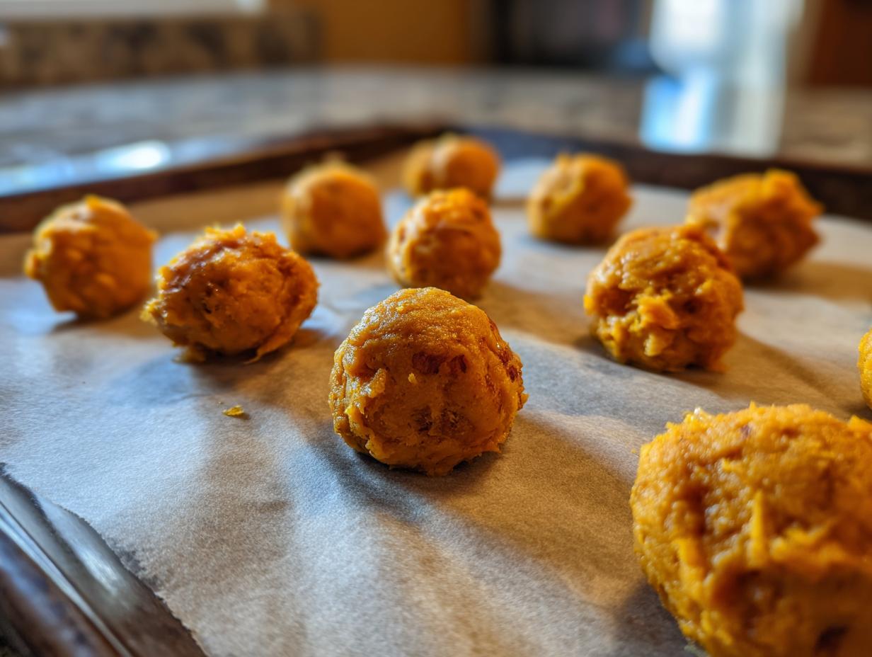 Raw dough balls of Soft Senior Cat Treats on a baking sheet, ready to be baked.