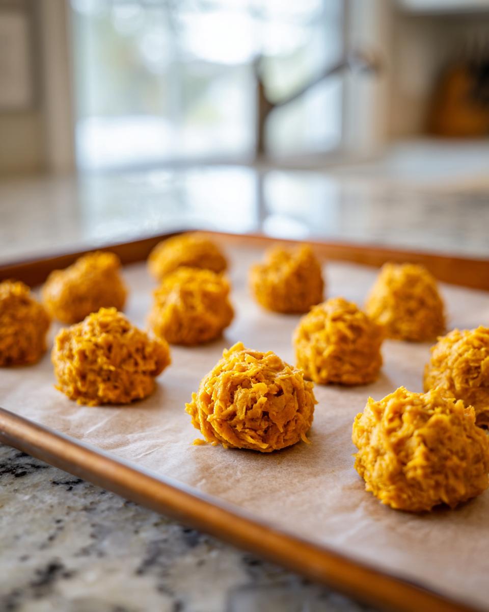 Close-up of Soft Senior Cat Treats on a baking sheet, ready to go in the oven.