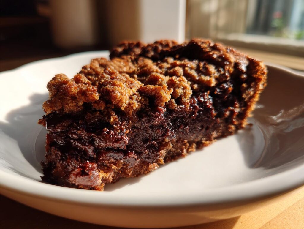 Close-up of a slice of Southern Chocolate Cobbler on a white plate, showing the rich chocolate filling and crumb topping.