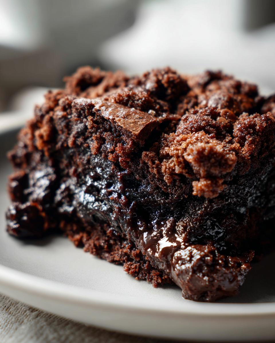 A slice of Southern Chocolate Cobbler on a plate, showing a rich, chocolatey interior and crumb topping.