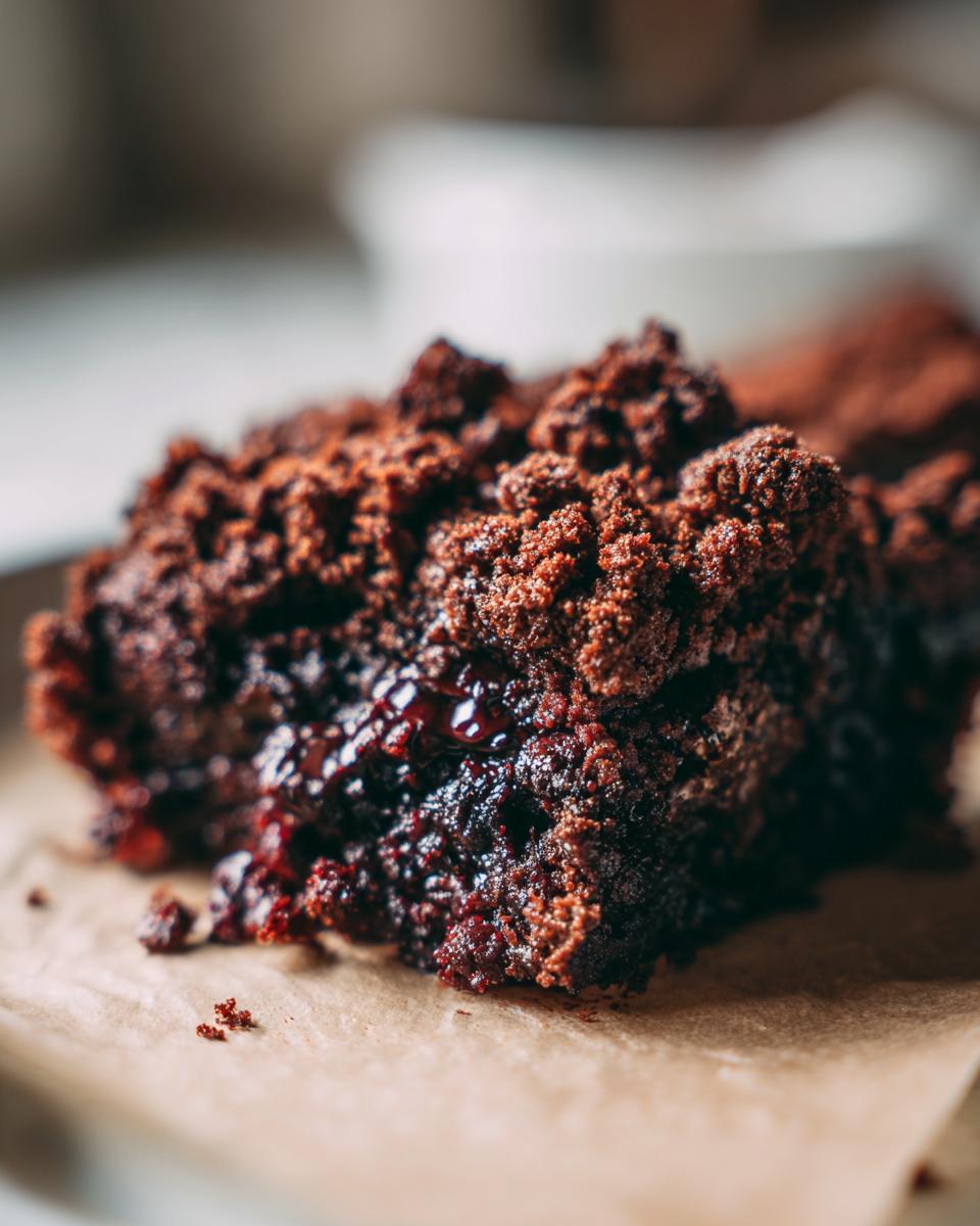 Close-up of a slice of Southern Chocolate Cobbler, showing the rich chocolate cake and bubbly filling.