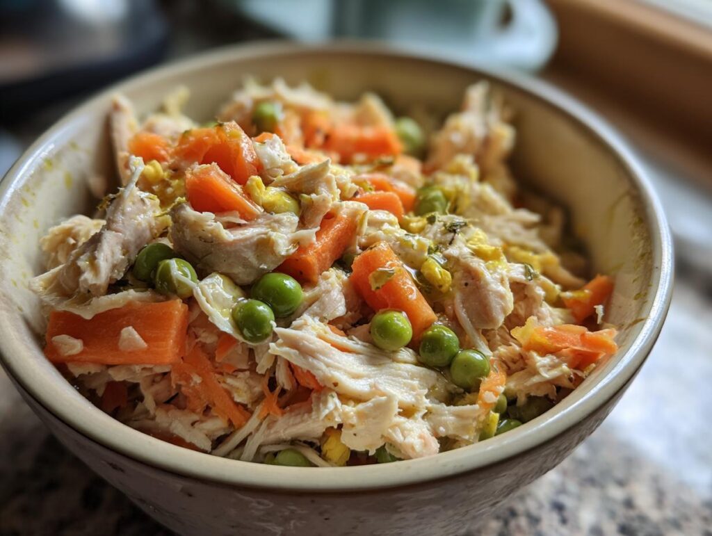 Close-up of a Spring Chicken Cat Meal Bowl with chicken, carrots, and peas.
