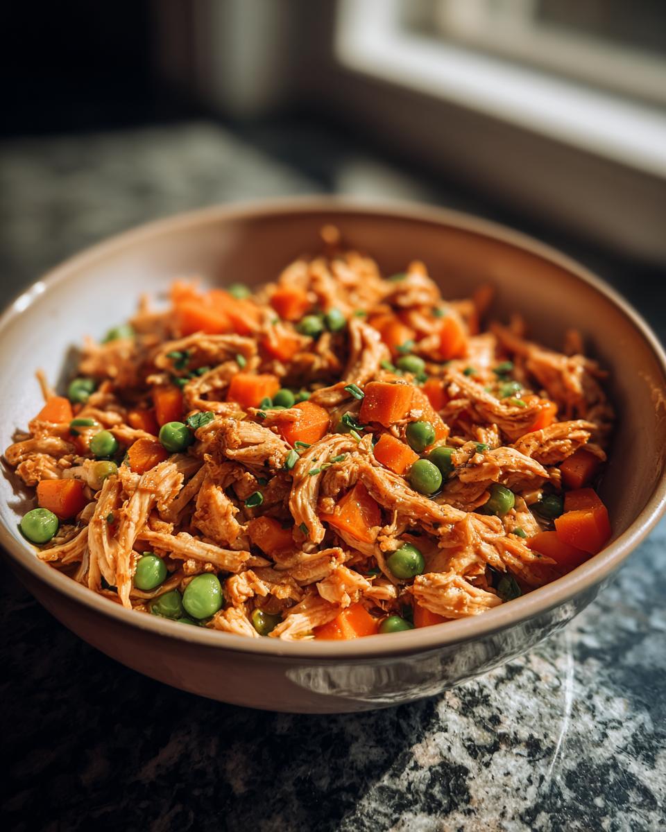 Close-up of a Spring Chicken Cat Meal Bowl with shredded chicken, carrots, and peas.