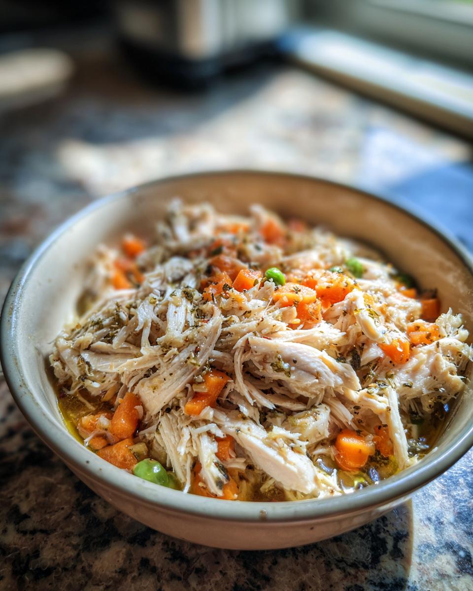 Close-up of a Spring Chicken Cat Meal Bowl with shredded chicken, carrots, and peas.