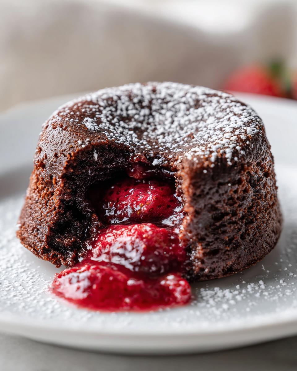 Close-up of a Strawberry Chocolate Lava Cake with a flowing strawberry filling, dusted with powdered sugar.