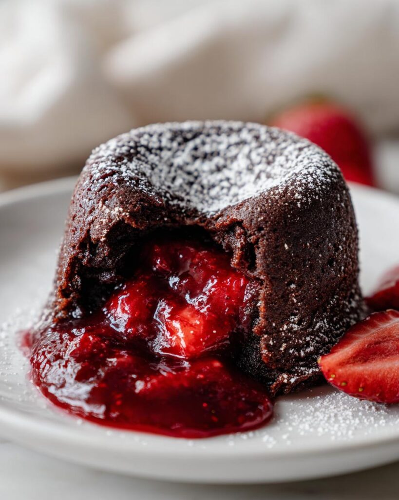 Close-up of a Strawberry Chocolate Lava Cake with a flowing strawberry filling, dusted with powdered sugar.