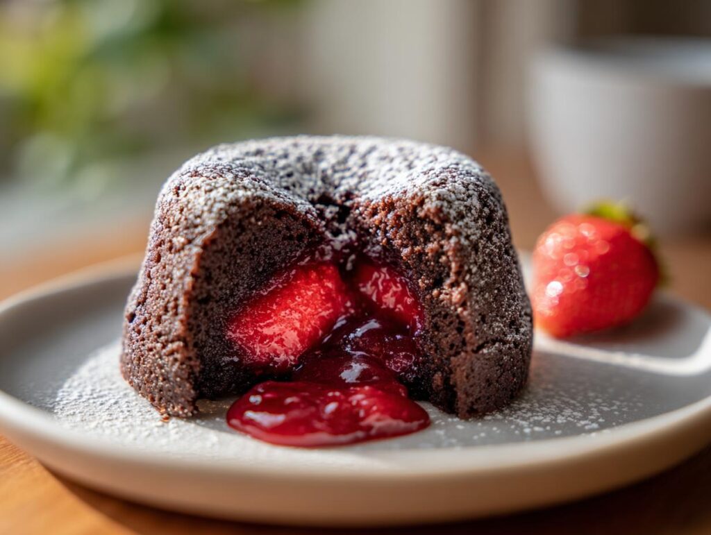Close-up of a Strawberry Chocolate Lava Dome with a fresh strawberry on the side.