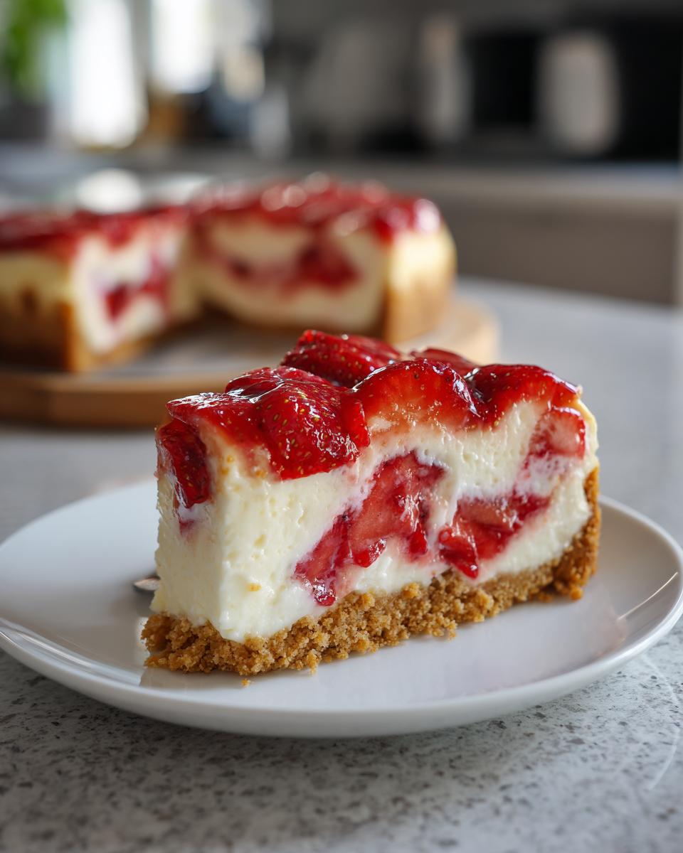 A slice of delicious Strawberry Shortcake Cheesecake on a white plate, with a whole cheesecake in the background.