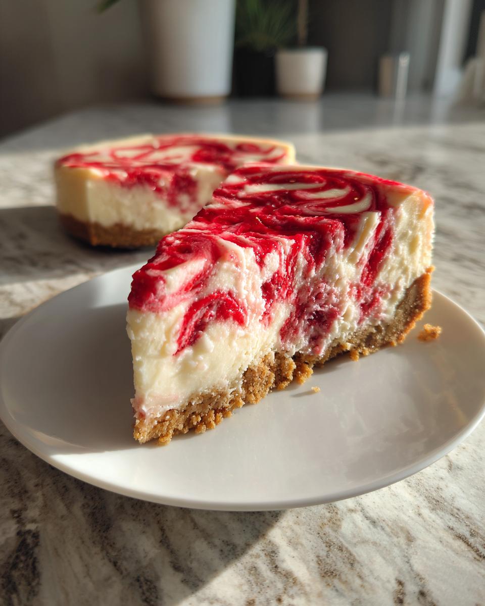 Close-up of a slice of Strawberry Shortcake Cheesecake with a swirl of red topping on a white plate.