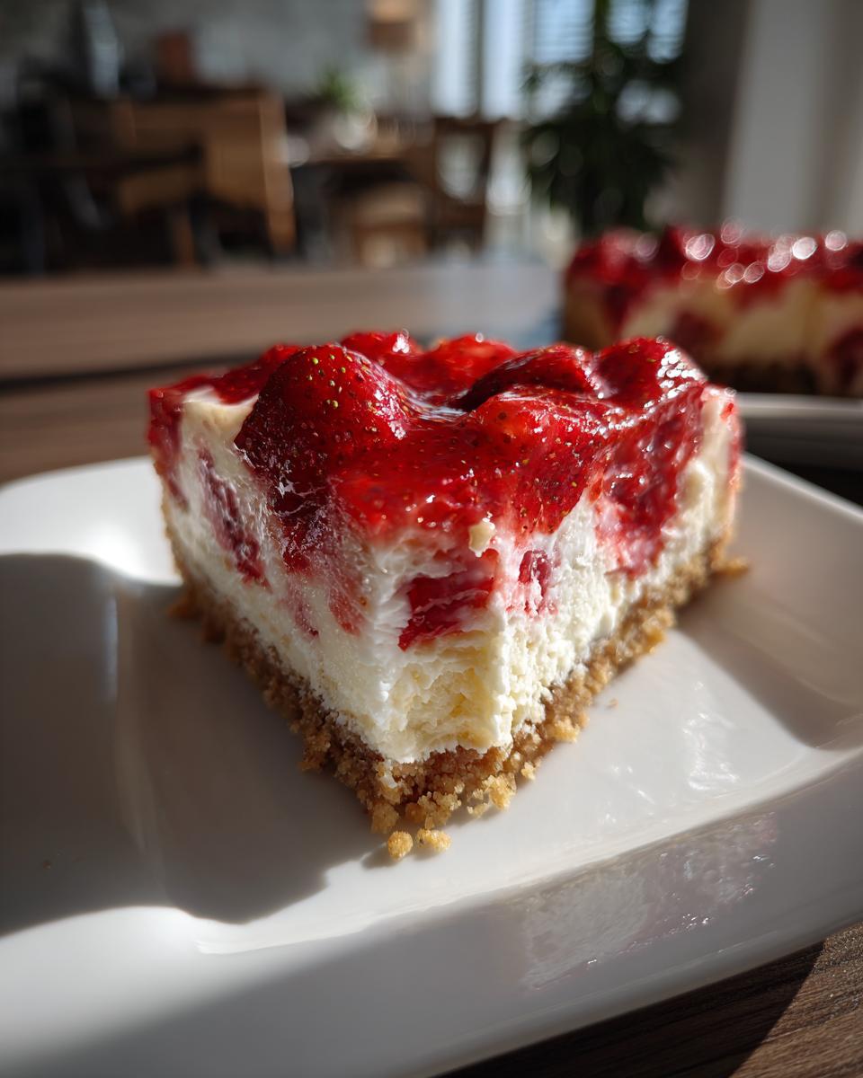 A slice of delicious Strawberry Shortcake Cheesecake on a white plate, close-up.