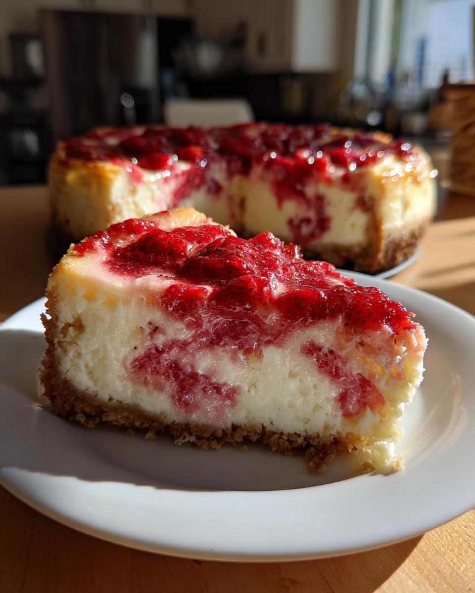 A slice of delicious Strawberry Shortcake Cheesecake on a white plate, with the whole cheesecake in the background.