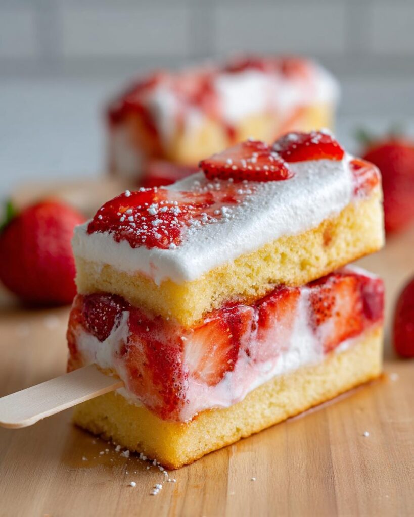 Close-up of a Strawberry Shortcake Push Pop, layered with cake, strawberries, and cream.