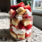 Close-up of a Strawberry Shortcake Push Pop in a jar, layered with strawberries, cake, and whipped cream.