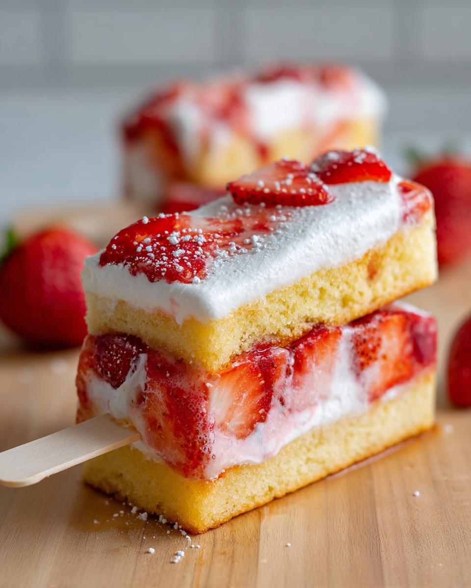 Close-up of a Strawberry Shortcake Push Pop, layered with cake, strawberries, and cream.
