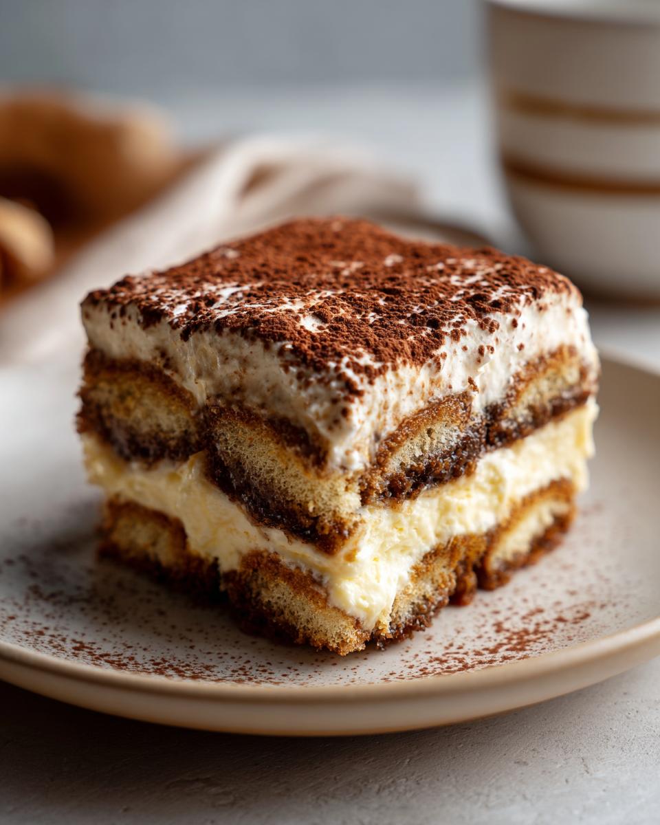 Close-up of a slice of Tiramisu dessert, showing layers of ladyfingers, cream, and cocoa powder.