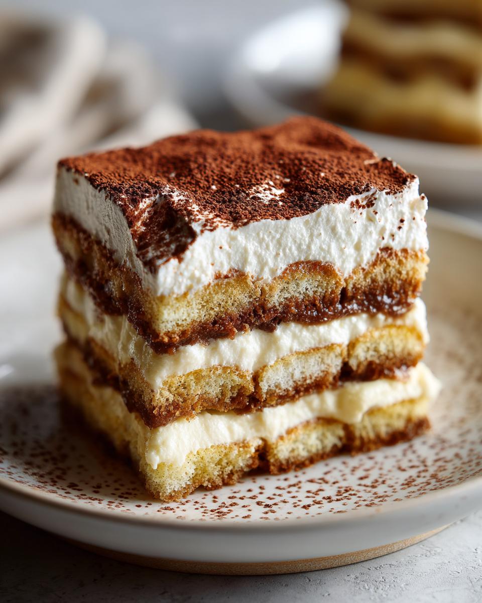 Close-up of a slice of Tiramisu, a classic Italian dessert with layers of ladyfingers, cream, and cocoa.