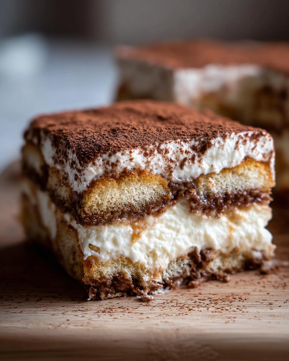 Close-up of a slice of Tiramisu dessert, showing layers of ladyfingers, cream, and cocoa.
