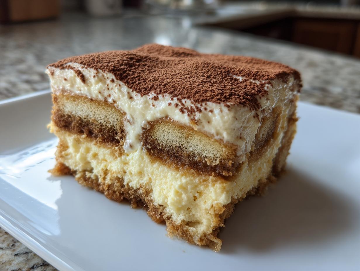 A single slice of Tiramisu on a white plate, dusted with cocoa powder.
