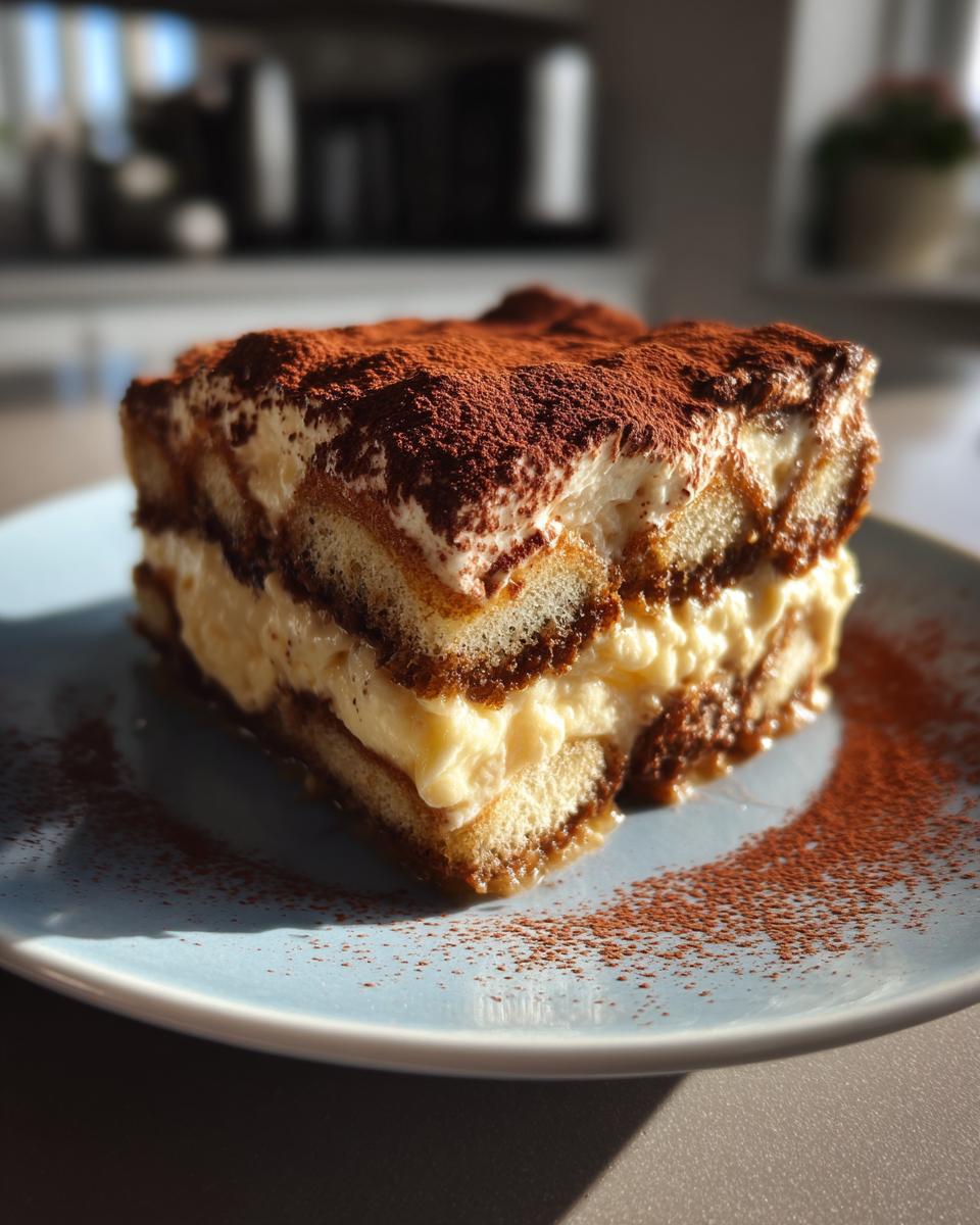 A single slice of Tiramisu on a blue plate, dusted with cocoa powder.