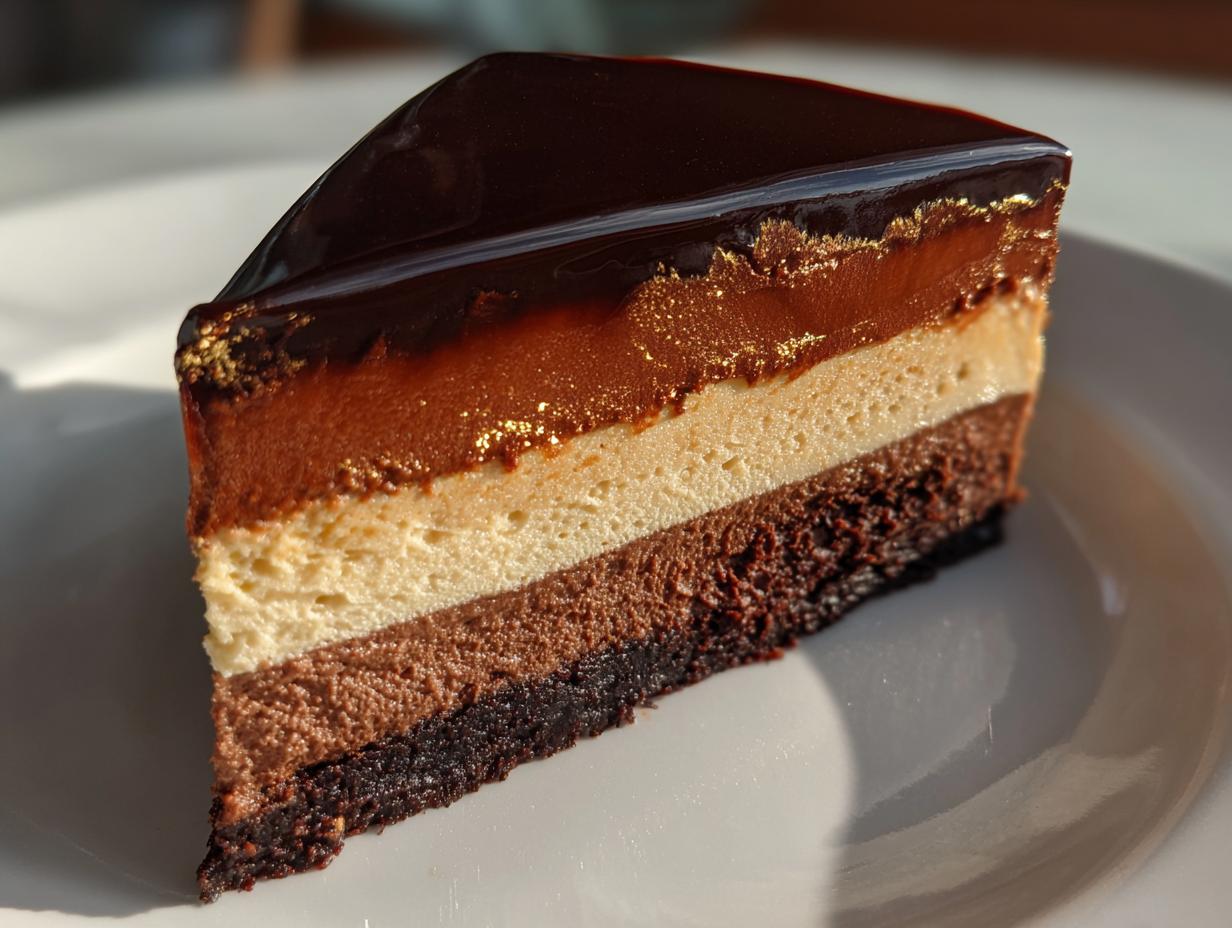 A slice of Triple Chocolate Mousse Cake with Silky Mirror Glaze, showing layers of chocolate mousse and a shiny glaze.