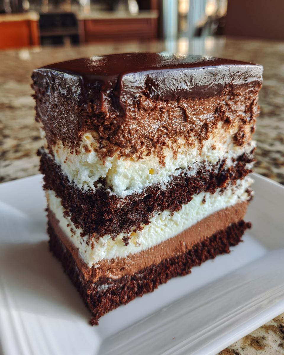 A slice of delicious Triple Chocolate Mousse Cake with layers of chocolate cake and mousse.