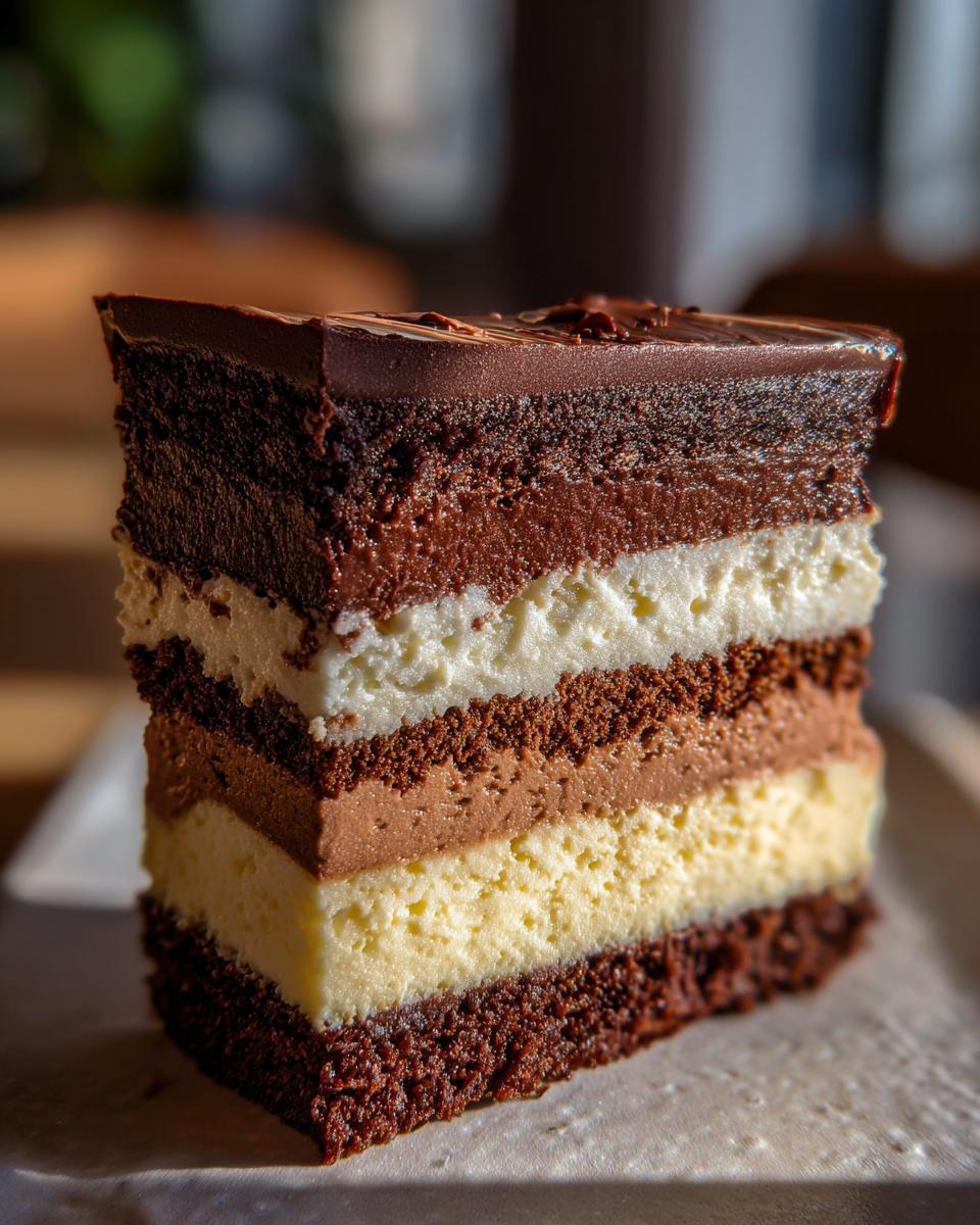 Close-up of a slice of Triple Chocolate Mousse Cake, showing layers of chocolate.