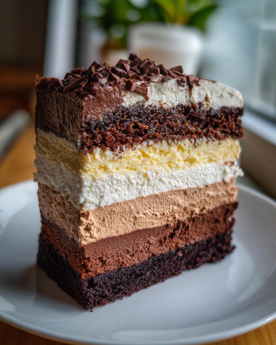 A slice of decadent Triple Chocolate Mousse Cake on a white plate, showing layers of mousse and cake.